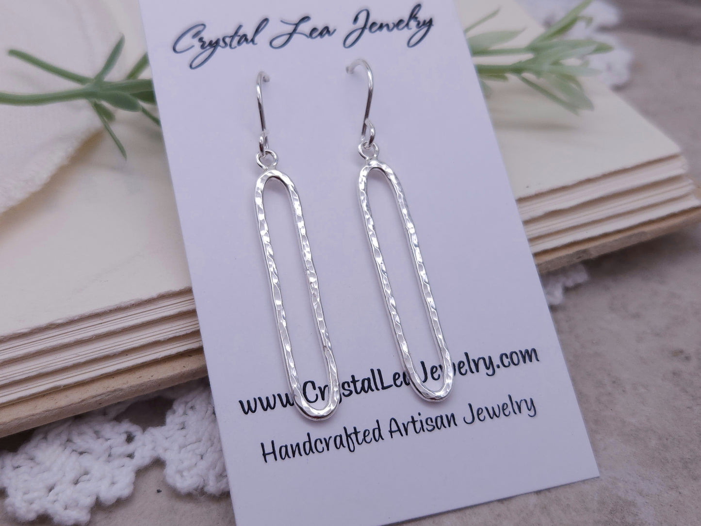 Sterling Silver Hammered Oval Bar Earrings