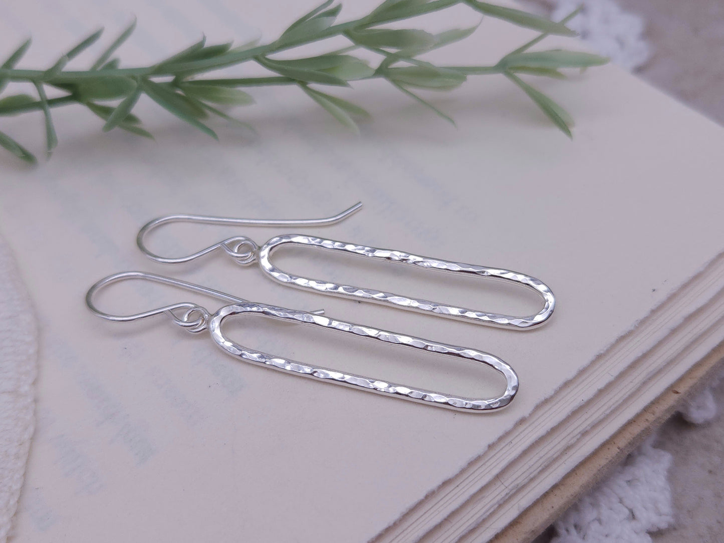 Sterling Silver Hammered Oval Bar Earrings