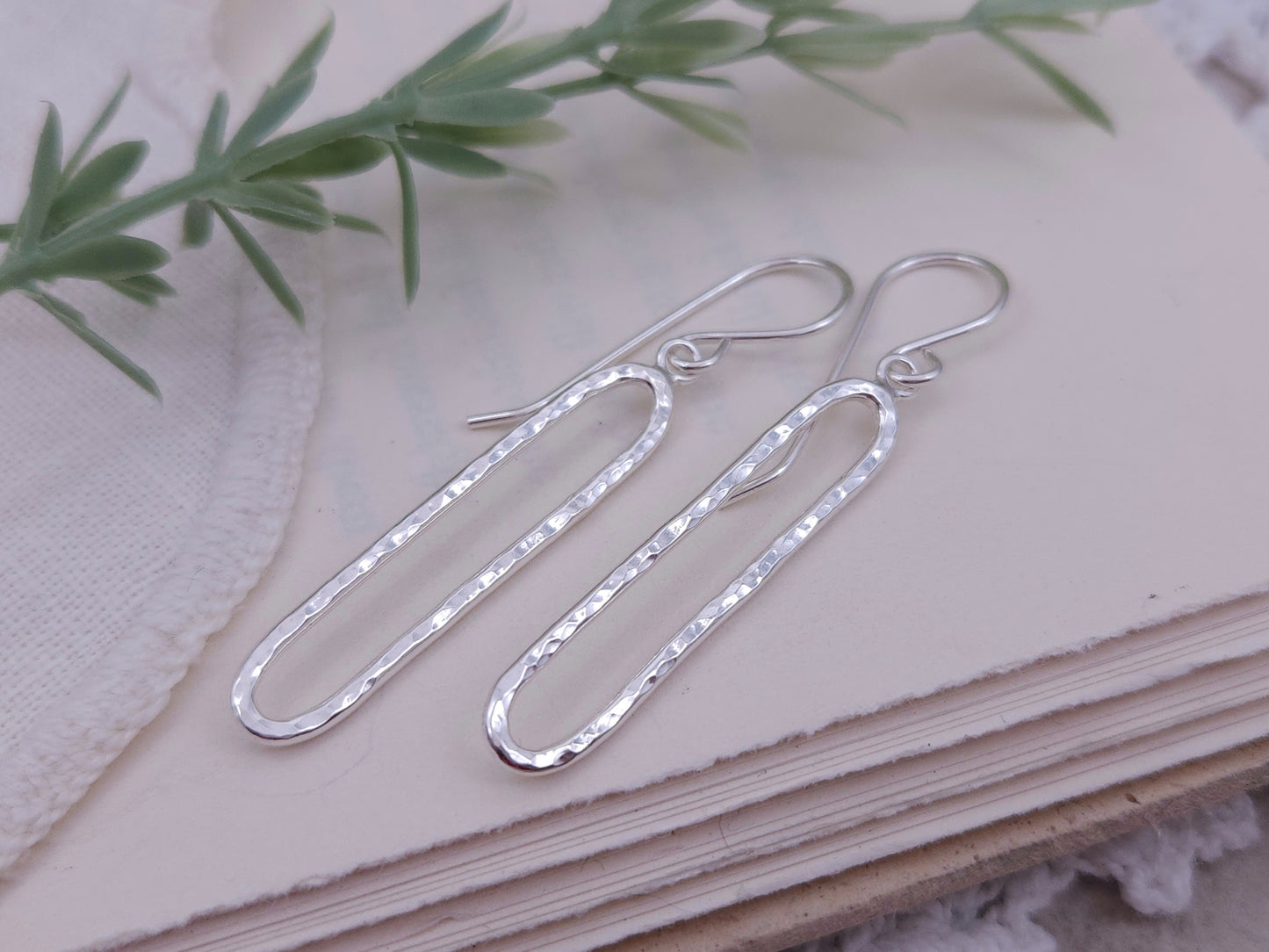 Sterling Silver Hammered Oval Bar Earrings