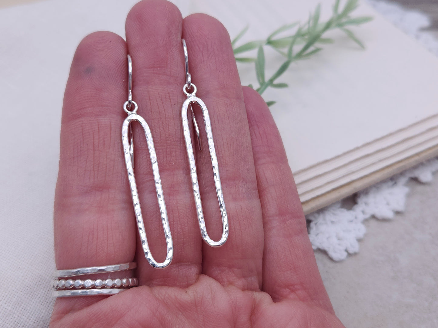 Sterling Silver Hammered Oval Bar Earrings