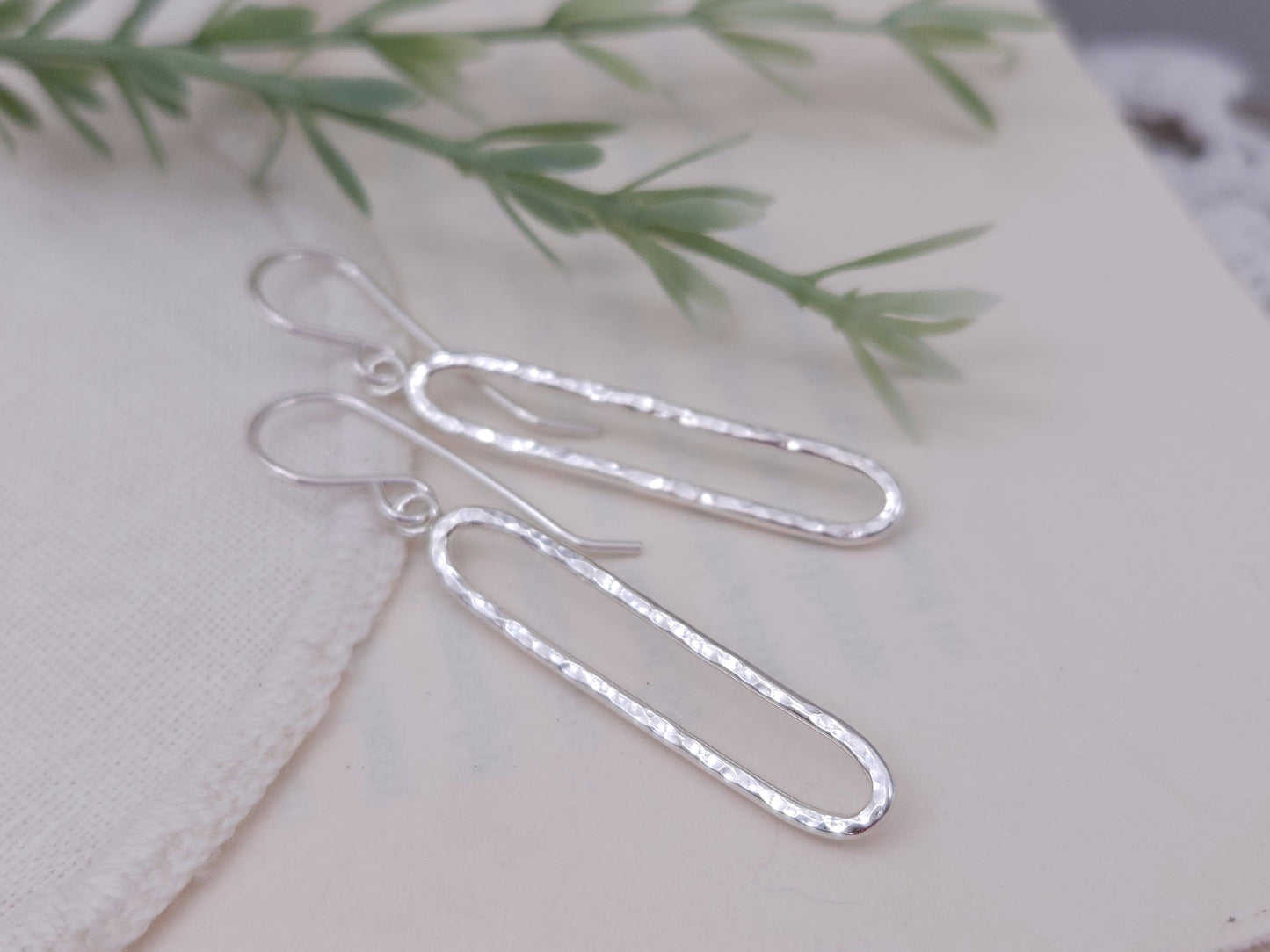 Sterling Silver Hammered Oval Bar Earrings