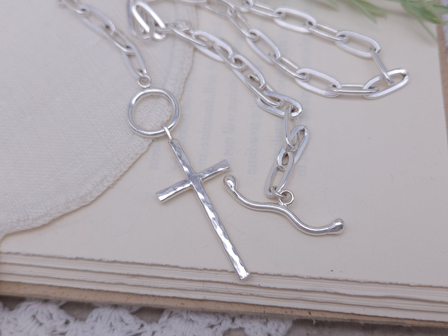 Sterling Silver Large Cross Front Clasp Necklace