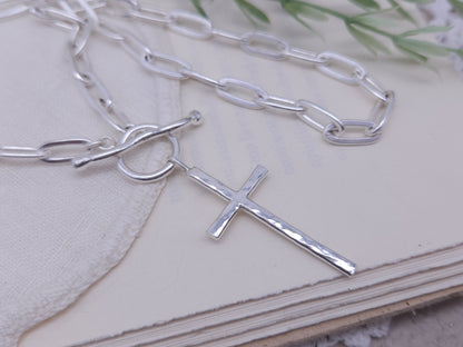 Sterling Silver Large Cross Front Clasp Necklace