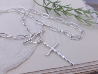 Sterling Silver Large Cross Front Clasp Necklace