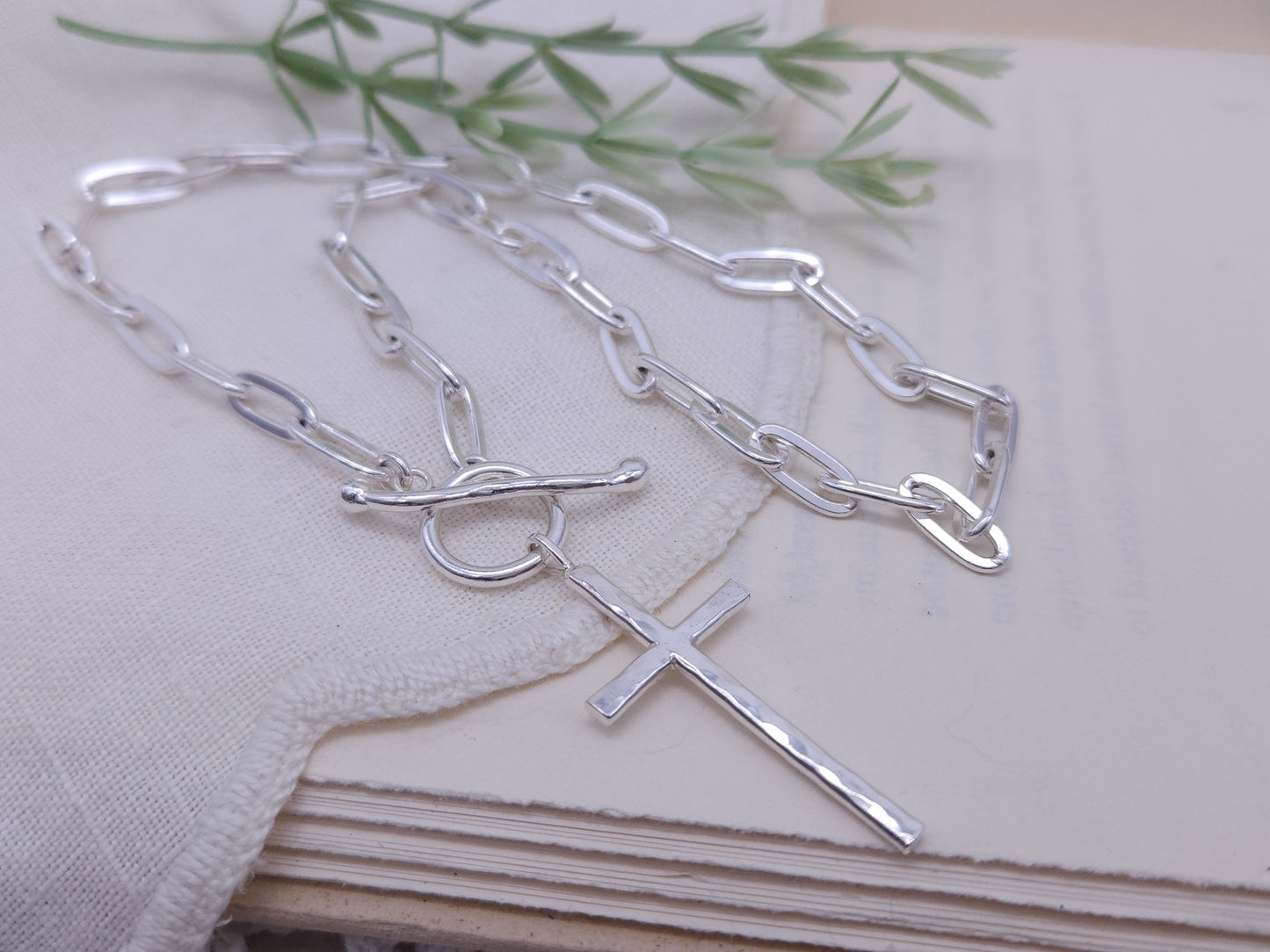 Sterling Silver Large Cross Front Clasp Necklace