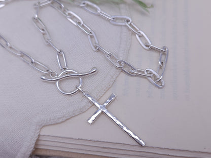 Sterling Silver Large Cross Front Clasp Necklace