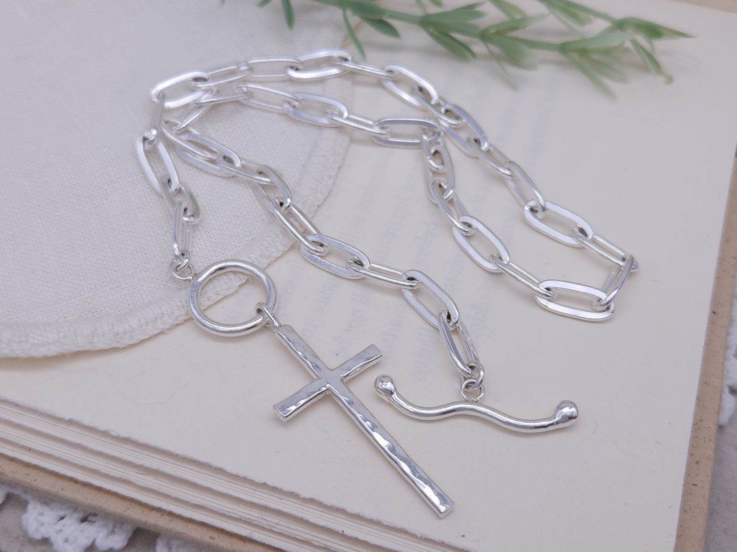Sterling Silver Large Cross Front Clasp Necklace