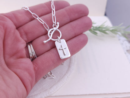 Sterling Silver Front Clasp Cross Tag Necklace