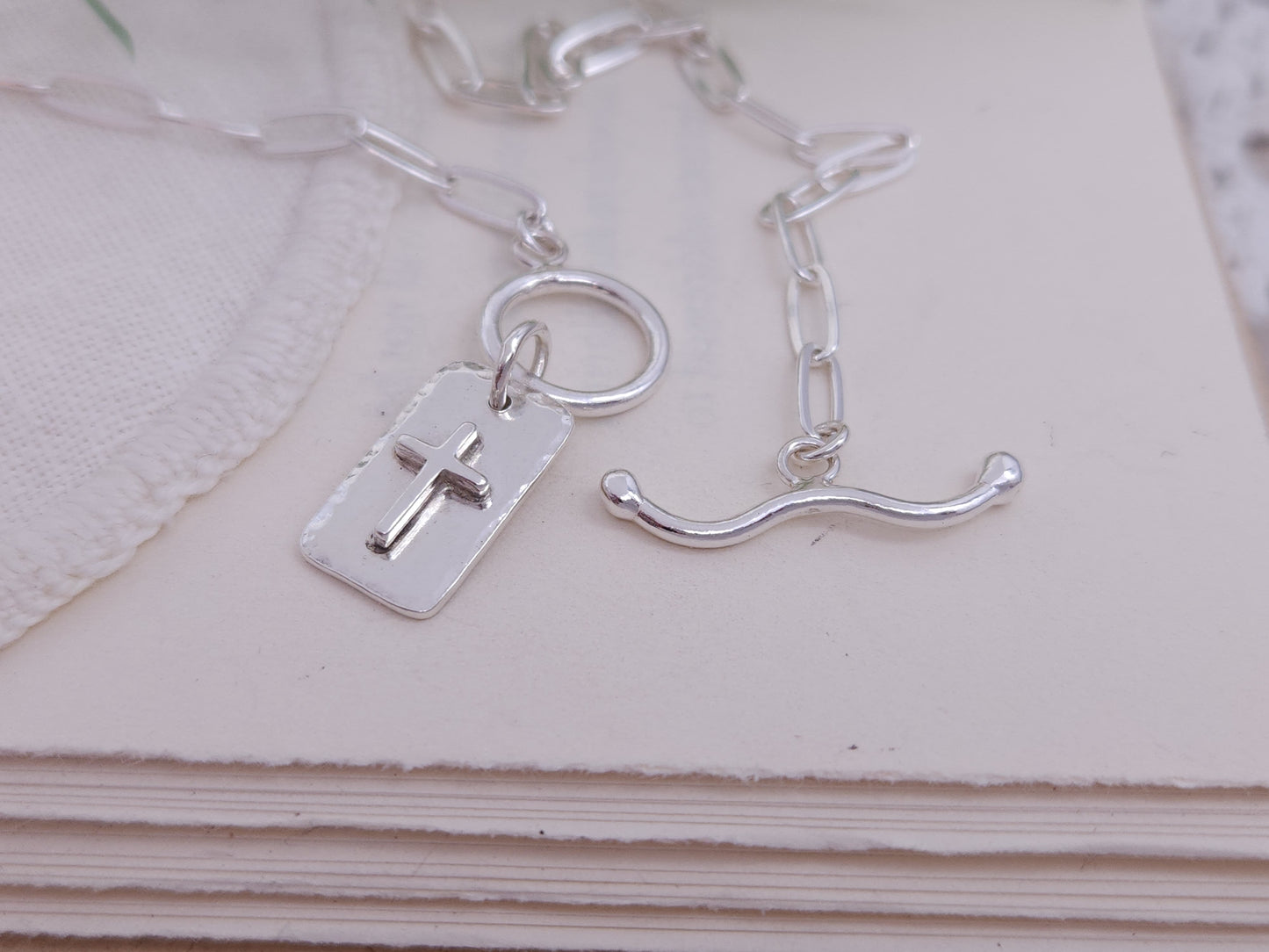 Sterling Silver Front Clasp Cross Tag Necklace