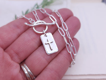 Sterling Silver Front Clasp Cross Tag Necklace