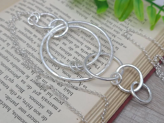 Long Sterling Silver Circle Ring Necklace / Multi Circle Pendant Necklace / Layering Necklace