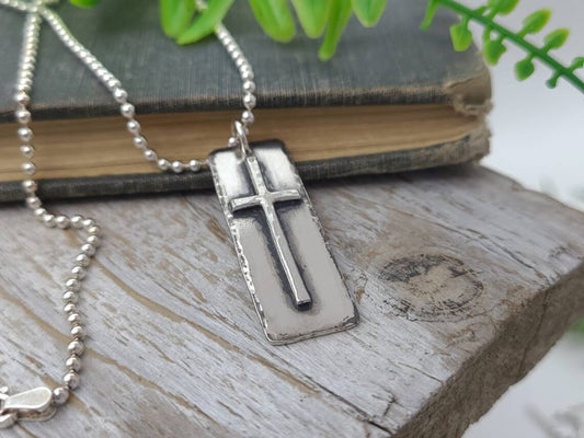 MENS Sterling Silver Cross  Necklace / Rugged Cross / Faith  / Dog Tag