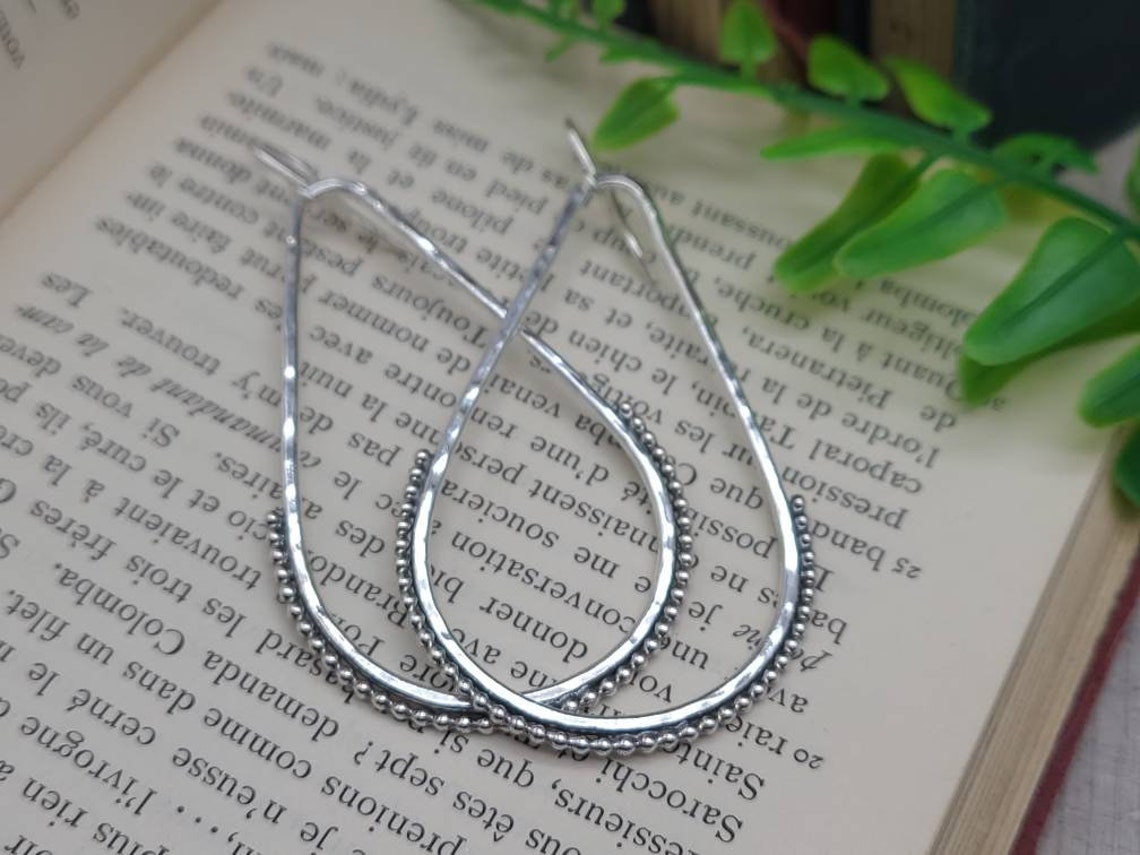 Sterling Silver Hammer Teardrop Earrings / Sterling Hoop Earrings / Ornate Hoops