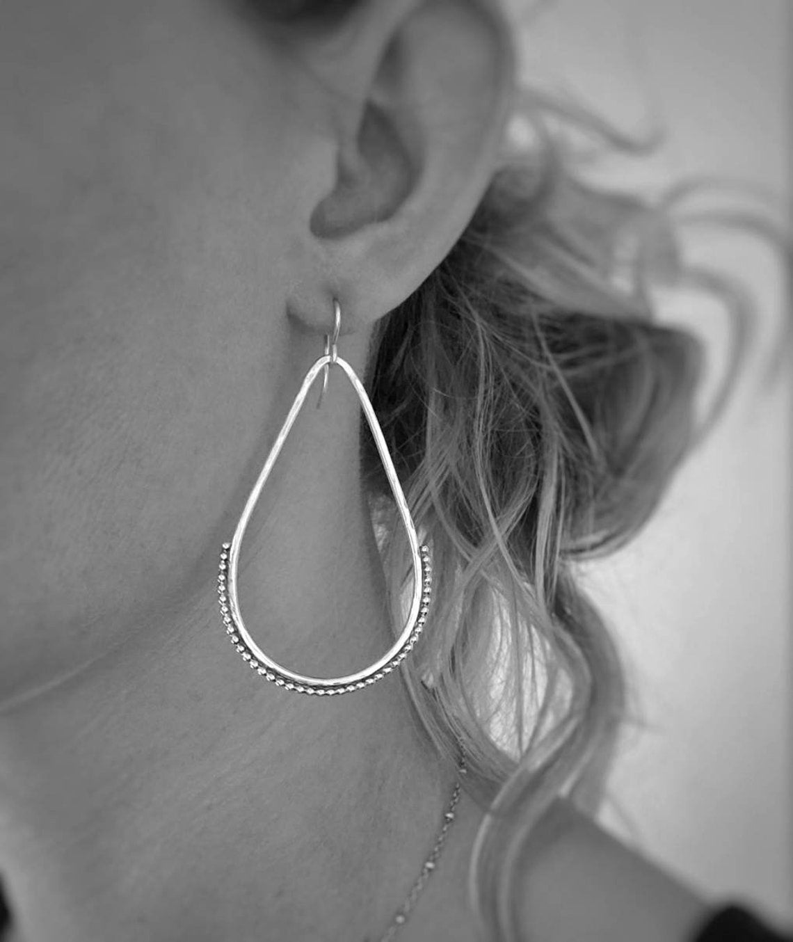 Sterling Silver Hammer Teardrop Earrings / Sterling Hoop Earrings / Ornate Hoops