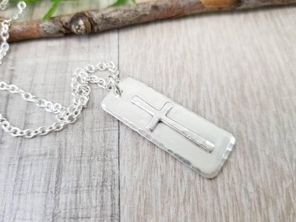 MENS Sterling Silver Cross  Necklace / Rugged Cross / Faith  / Dog Tag