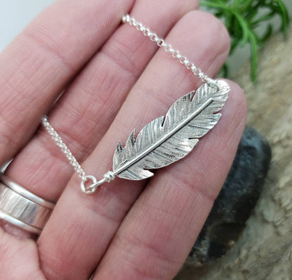 Sterling Silver Sideways Feather Necklace / Bar