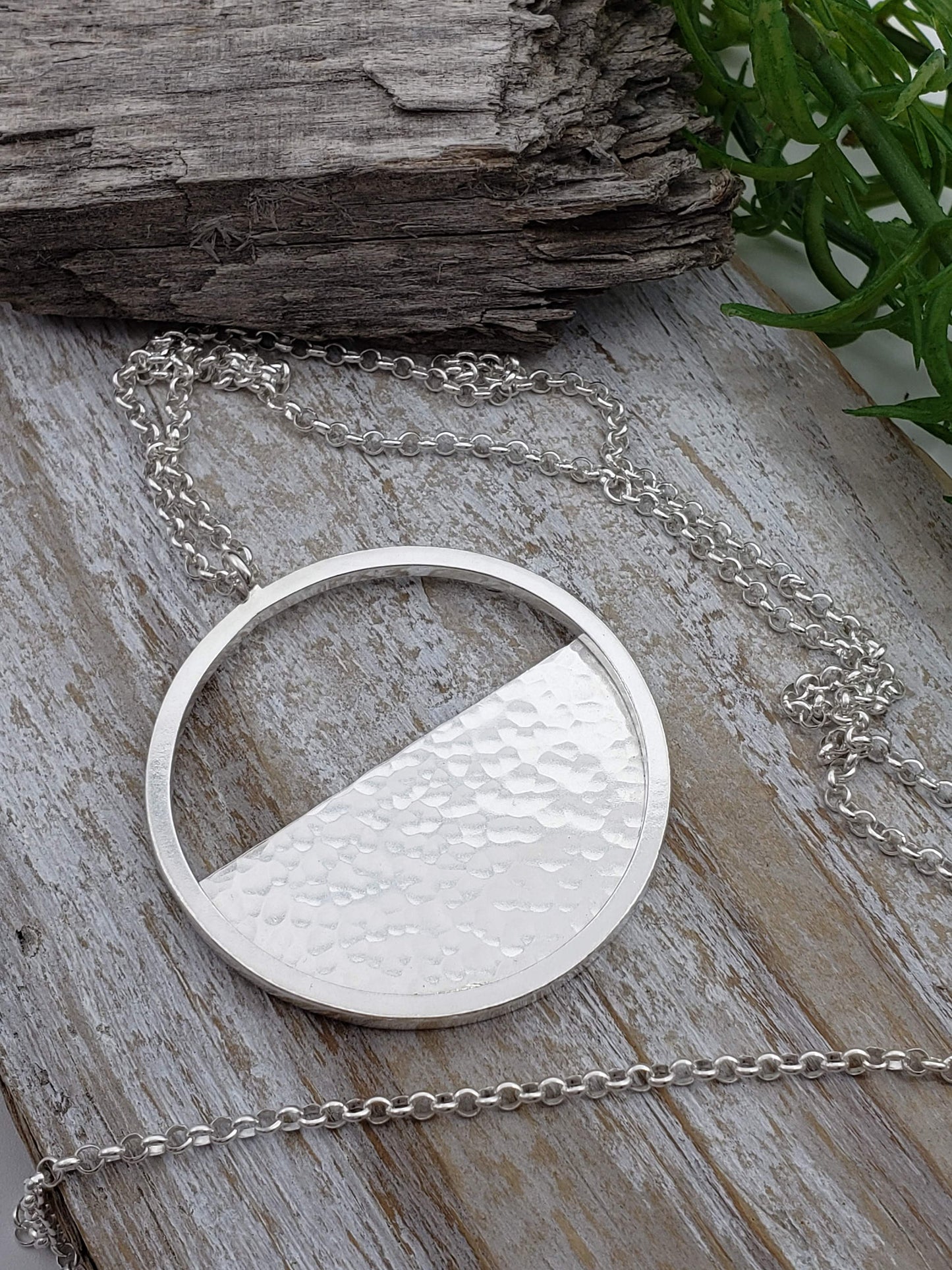 Long Sterling Circle Hammered Disc Necklace / Half Moon / Geometric / Large Disc