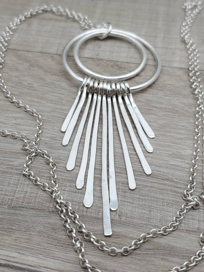 Long Sterling Silver Circle Fringe Necklace