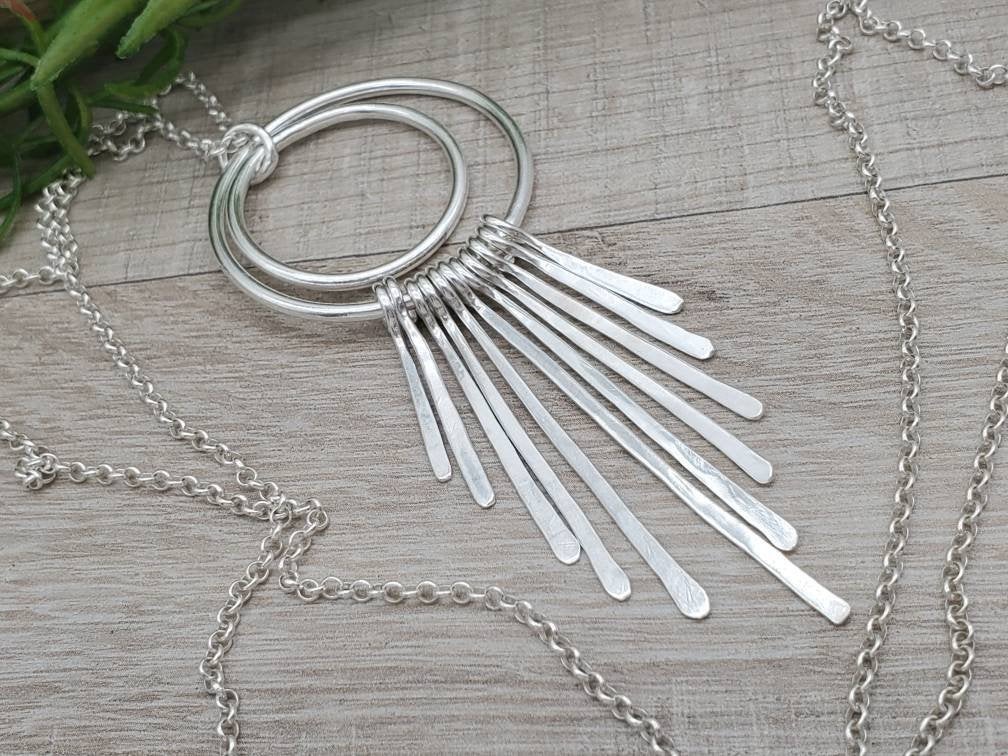 Long Sterling Silver Circle Fringe Necklace