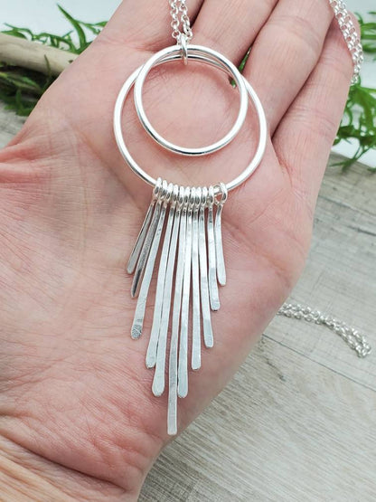 Long Sterling Silver Circle Fringe Necklace