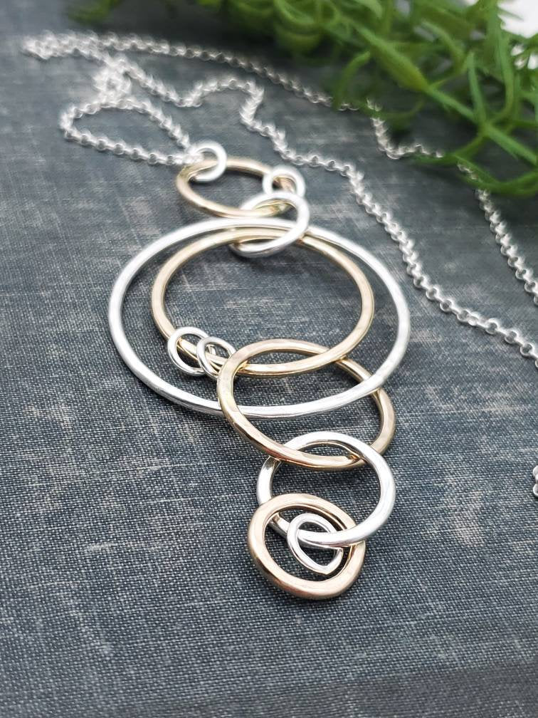 Long Silver & Gold Circle Ring Necklace /  Long Necklace / Two-tone Necklace / Layering Necklace