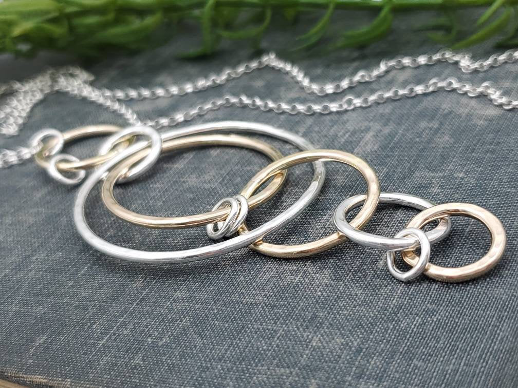 Long Silver & Gold Circle Ring Necklace /  Long Necklace / Two-tone Necklace / Layering Necklace