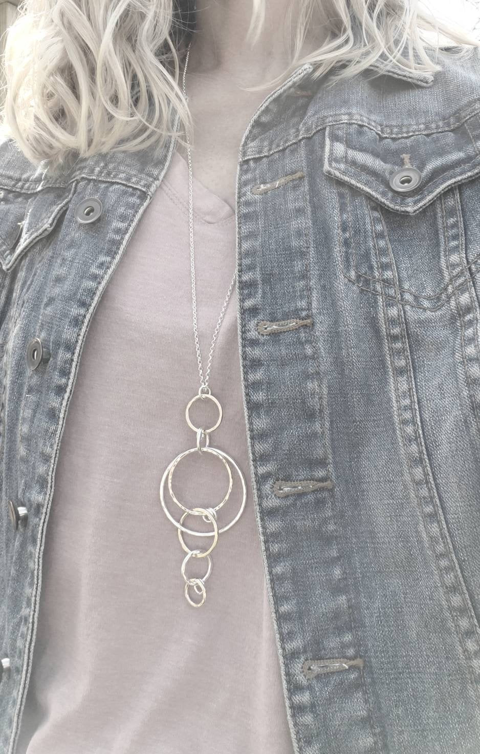 Long Silver & Gold Circle Ring Necklace /  Long Necklace / Two-tone Necklace / Layering Necklace