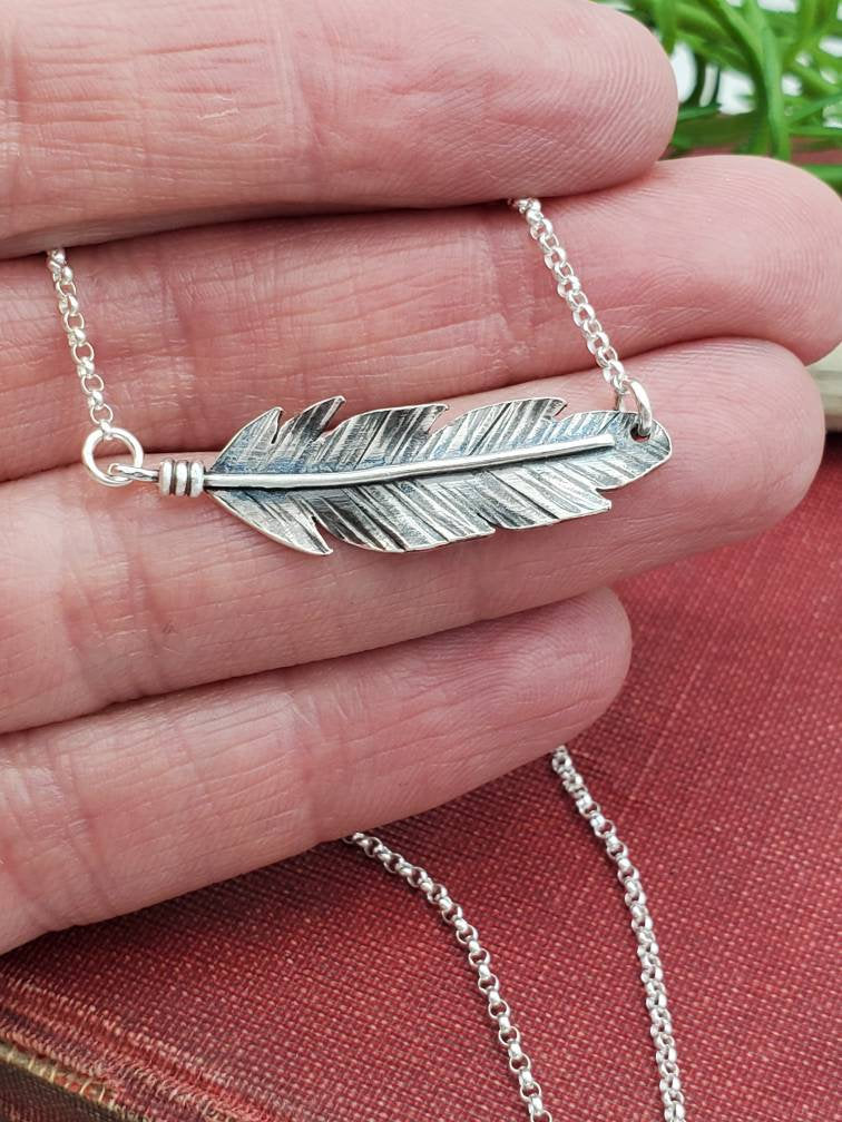 Sterling Silver Sideways Feather Necklace / Bar