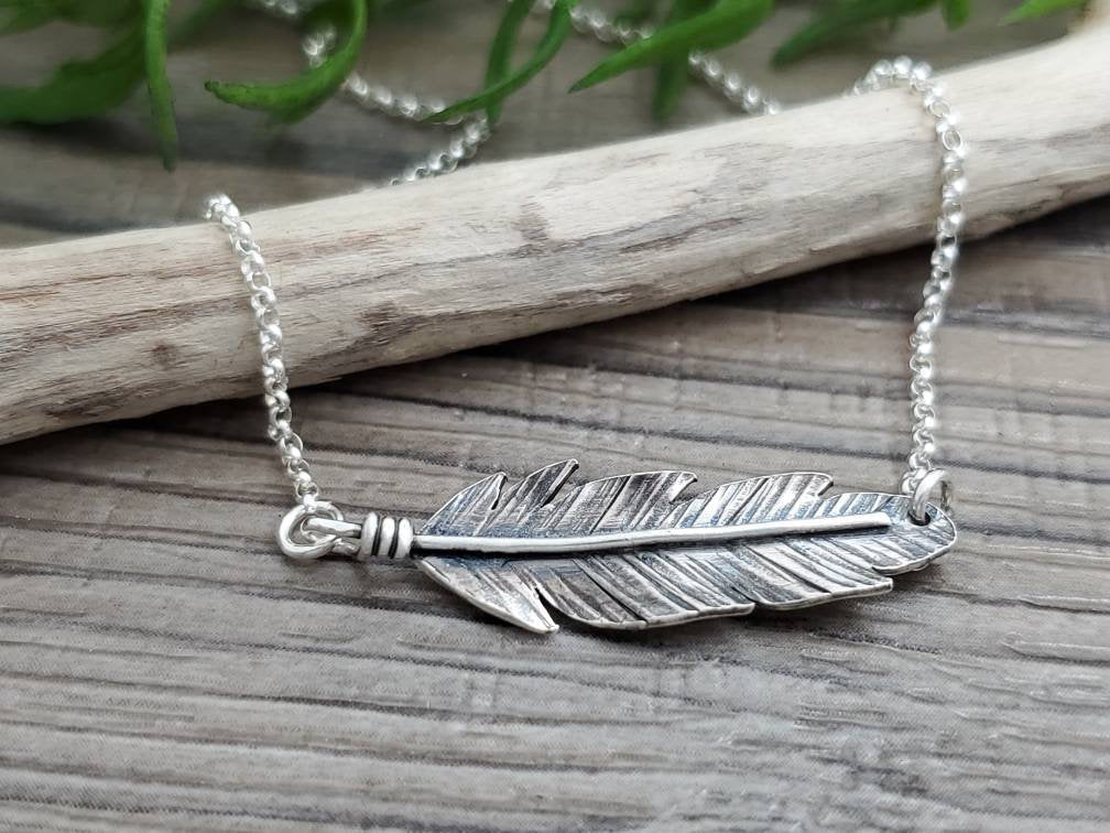 Sterling Silver Sideways Feather Necklace / Bar