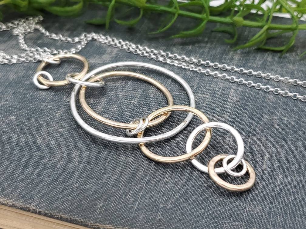 Long Silver & Gold Circle Ring Necklace /  Long Necklace / Two-tone Necklace / Layering Necklace