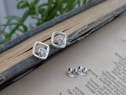 Small Sterling Square and Swarovski Crystal Stud Earrings / Post Earrings