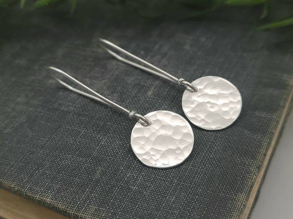 Sterling Silver Hammered Disc Threader Earrings / Threaders / Thin Earrings / Arc