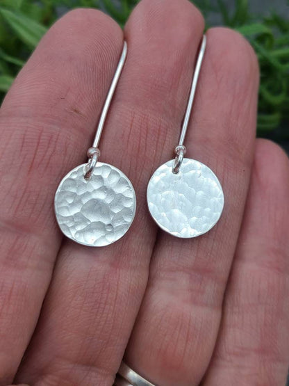 Sterling Silver Hammered Disc Threader Earrings / Threaders / Thin Earrings / Arc