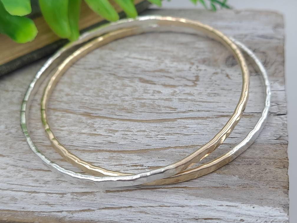 Sterling silver hammered Triangle Bangle set outlet Boho wabi sabi