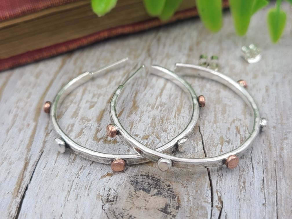 Sterling Silver and Copper  1"  Hoop Earrings