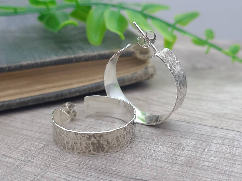 1" Sterling Wide Rustic Hammered Hoop Earrings / Large Hoops