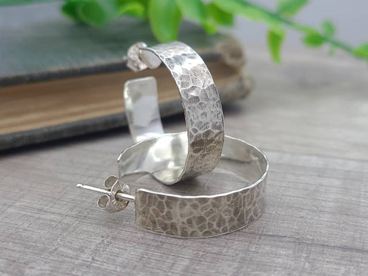 1" Sterling Wide Rustic Hammered Hoop Earrings / Large Hoops