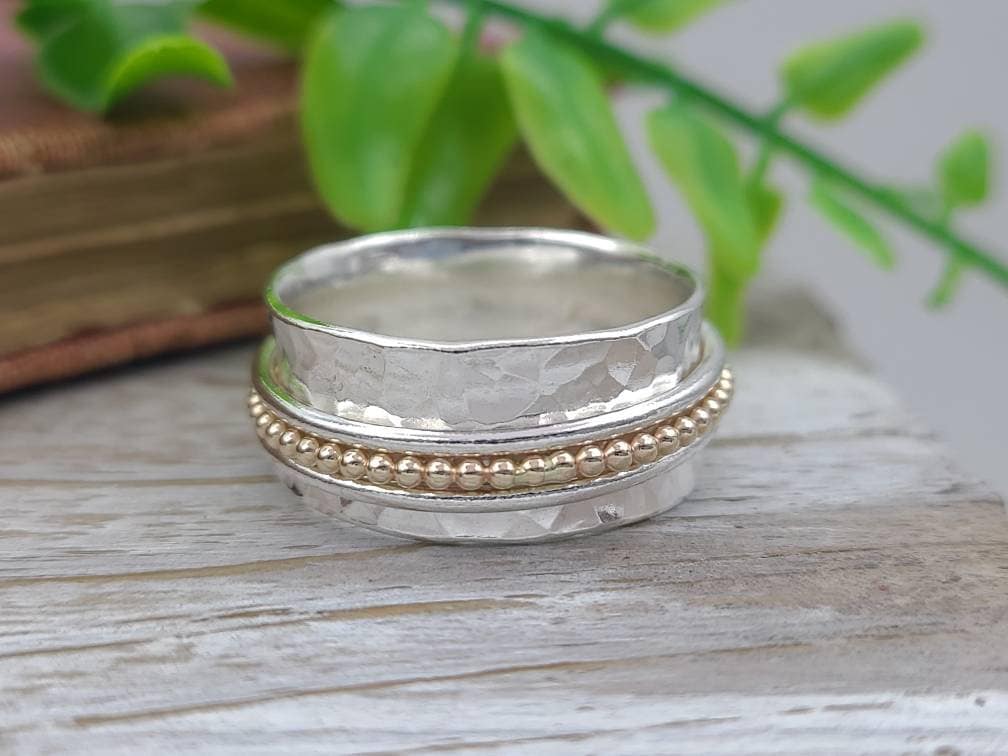 Sterling Silver and Gold Beaded Spinner Ring / Fidget Ring / Meditation Ring / Wide Band Ring