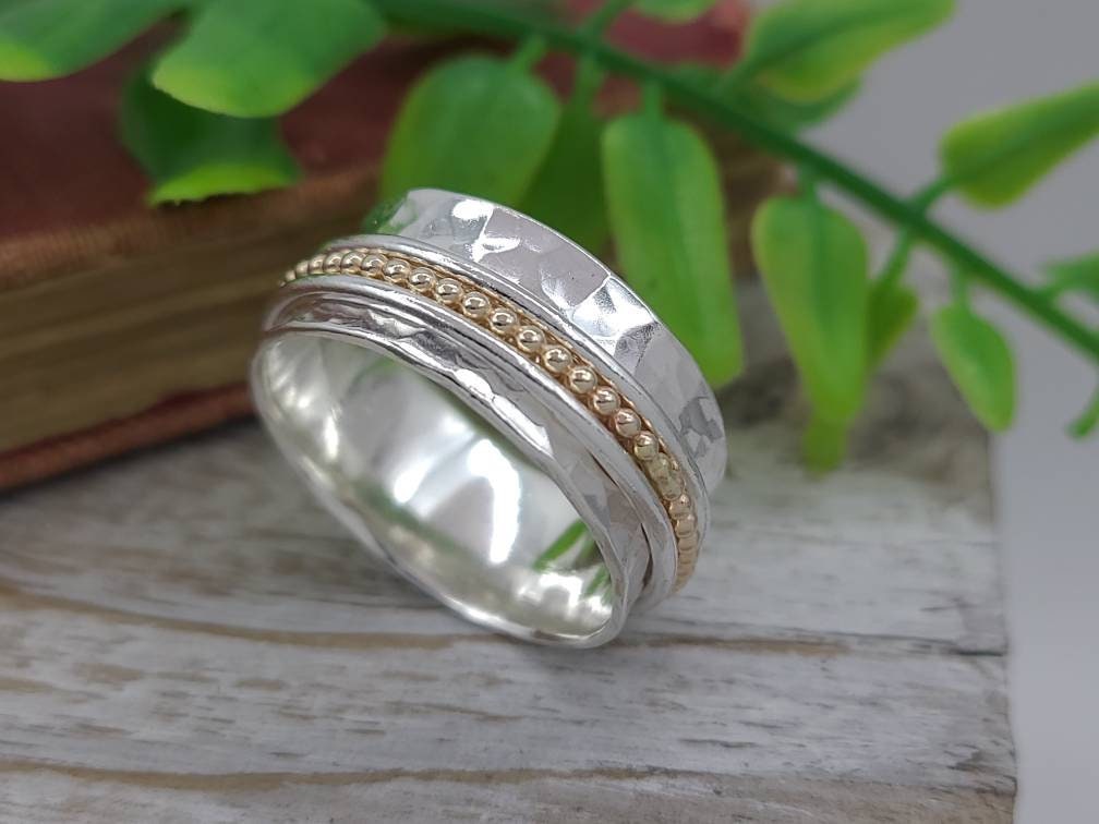 Sterling Silver and Gold Beaded Spinner Ring / Fidget Ring / Meditation Ring / Wide Band Ring