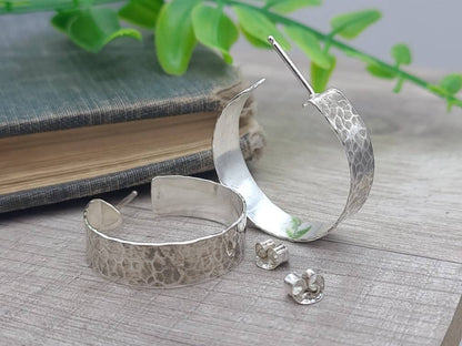 1" Sterling Wide Rustic Hammered Hoop Earrings / Large Hoops