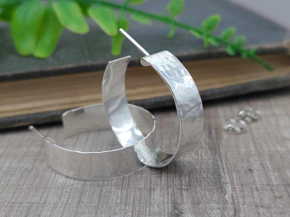 1" Sterling Wide Hammered Hoop Earrings / Large Hoops