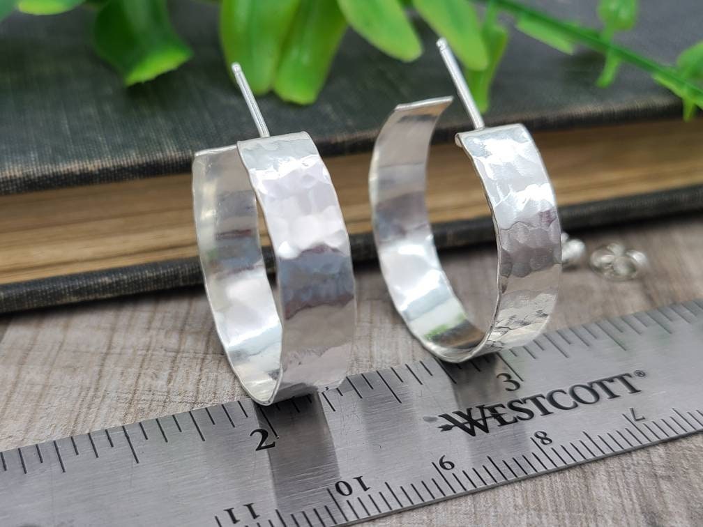 1" Sterling Wide Hammered Hoop Earrings / Large Hoops