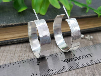 1" Sterling Wide Hammered Hoop Earrings / Large Hoops