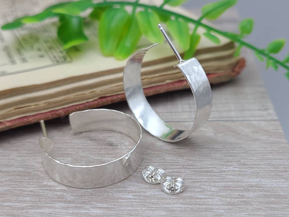 1" Sterling Wide Hammered Hoop Earrings / Large Hoops