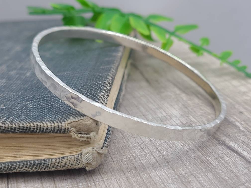 Thick Sterling Silver Wide Hammered Bangle / Heavy / Chunky