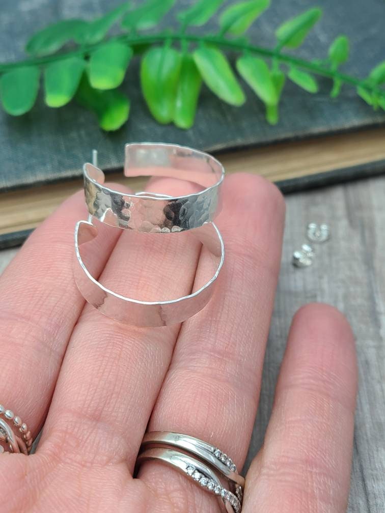 1" Sterling Wide Hammered Hoop Earrings / Large Hoops