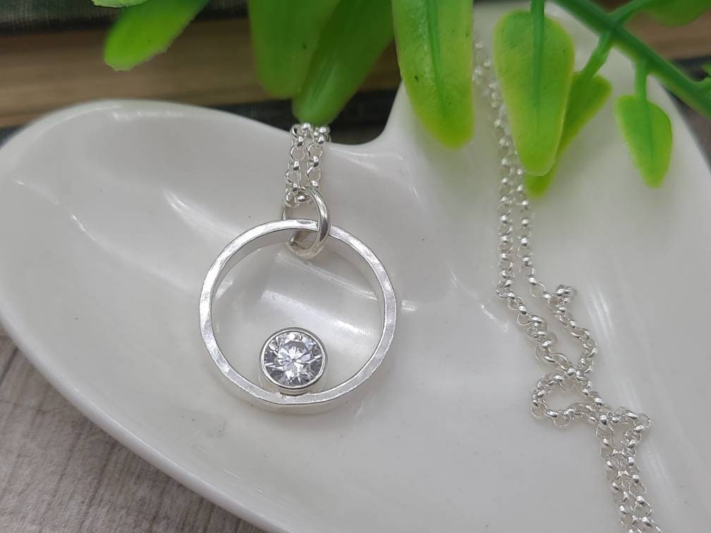 Sterling Circle Diamond CZ Necklace / Floating Diamond / Minimalist