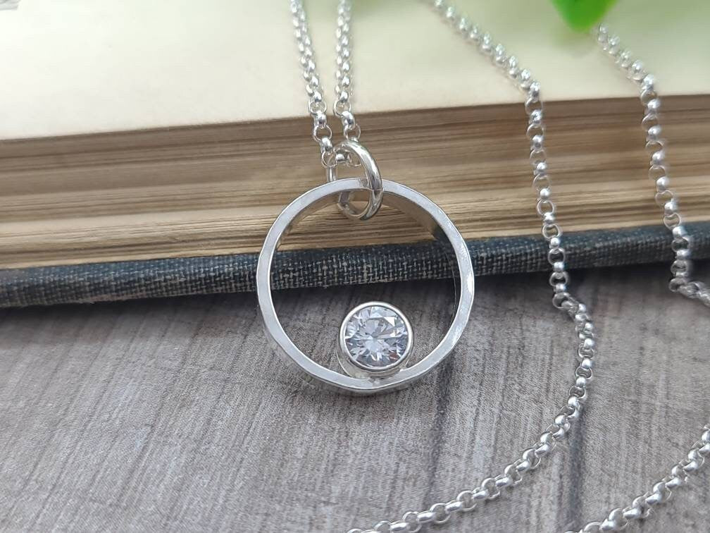 Sterling Circle Diamond CZ Necklace / Floating Diamond / Minimalist