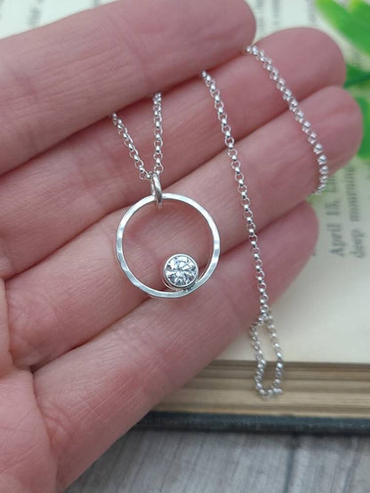 Sterling Circle Diamond CZ Necklace / Floating Diamond / Minimalist