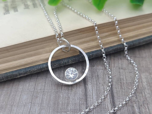 Sterling Circle Diamond CZ Necklace / Floating Diamond / Minimalist